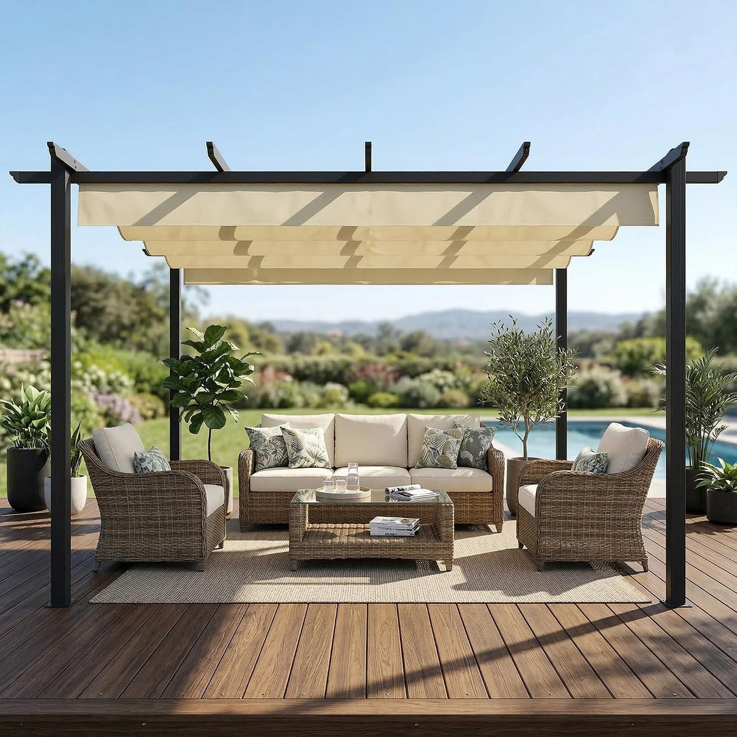 Outsunny Pérgola de Jardín 4x3 m con Techo Retráctil, Cenador de Jardín con Estructura de Aluminio, UPF30+, Orificios de Drenaje, Pabellón para Exterior, Patio, Terraza, Crema