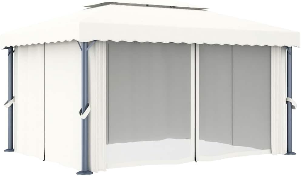 vidaXL Cenador con Cortina y Tira de Luces Lateral Pérgola Jardín Patio Toldo Sombrilla Parasol Tienda Carpa Marquesina Aluminio Crema 4x3 m