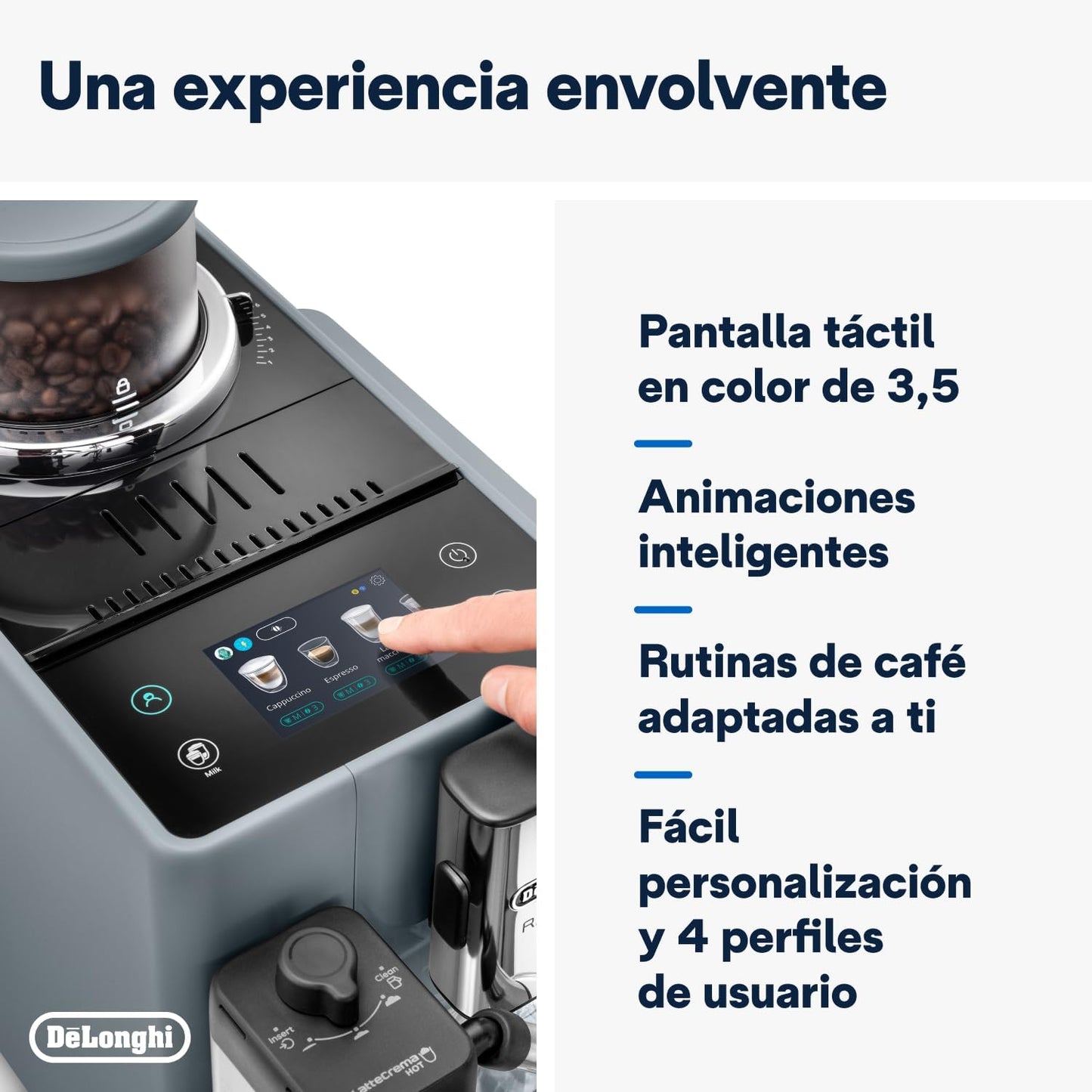 De'Longhi Rivelia EXAM440.55.G, Cafetera Superautomática con LatteCrema Hot, Espumador de Leche Automático, Tamaño Compacto, 16 Recetas, Pantalla Táctil a Color, Gris