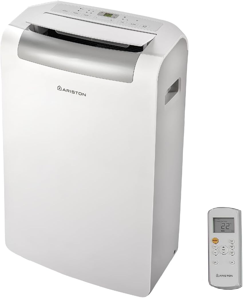 Ariston, Mobis 10- Pinguino Aire Acondicionado Portátil Silencioso con Temporizador y Mando a Distancia, Climatizador 24x69x2.5 Blanco Fabricado para Instalación en España, Eficiencia A+ Rango(A+++/D)