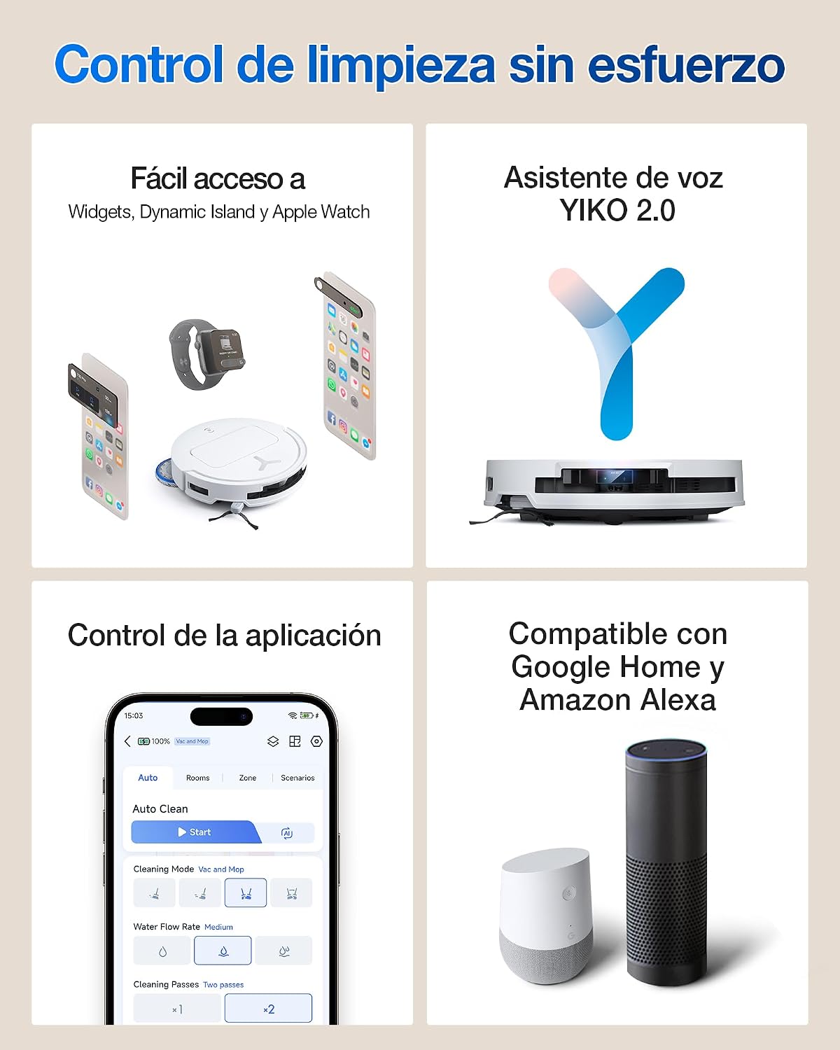 ECOVACS DEEBOT T50 Omni Robot Aspirador y mopa, 15.000Pa, Cepillo Lateral Extensible, ZeroTangle 2.0, estación Omni Todo en uno, mopa con Agua Caliente a 75℃ lultrafino de 81mm, Blanco