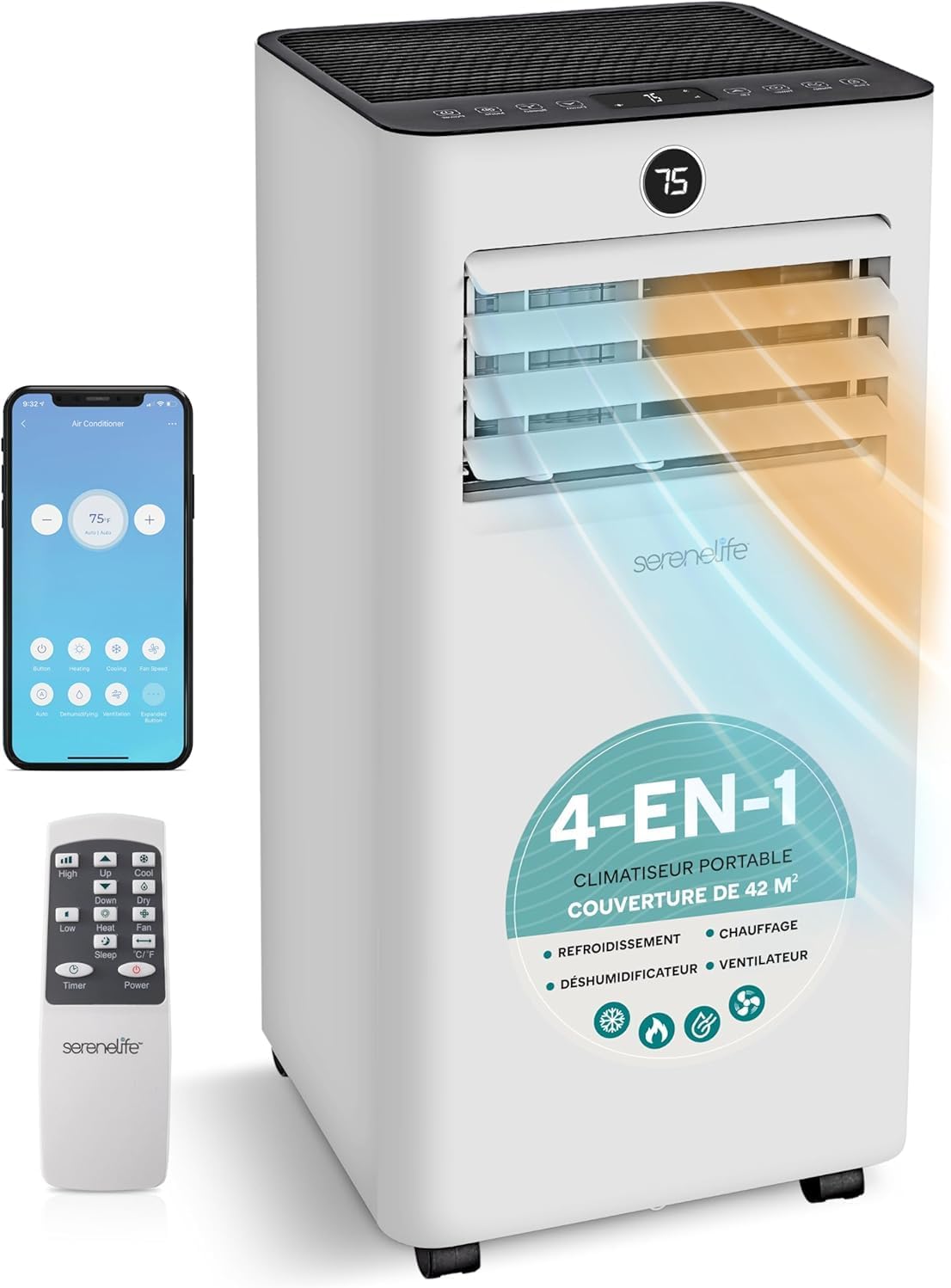 SereneLife Aire Acondicionado Móvil 7000 BTU Blanco Compacto WiFi - Aire Acondicionado Portátil Calefacción Deshumidificador con Kit Ventana