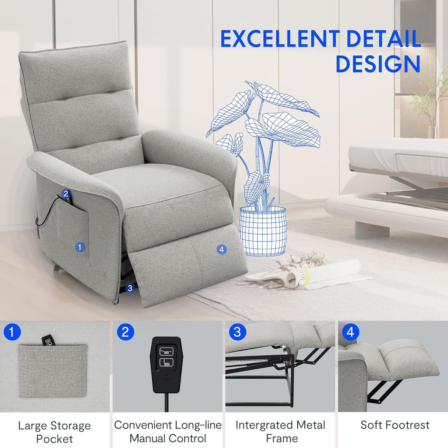 FLEXISPOT Sillón de Relax Eléctrico con Respaldo Ajustable, Reclinable de 105° a 155°, Sillon Reclinable, Sofá Relax Ergonómico Sillón para Dormitorio, Salón y Cine en casa (Gris Oscuro)