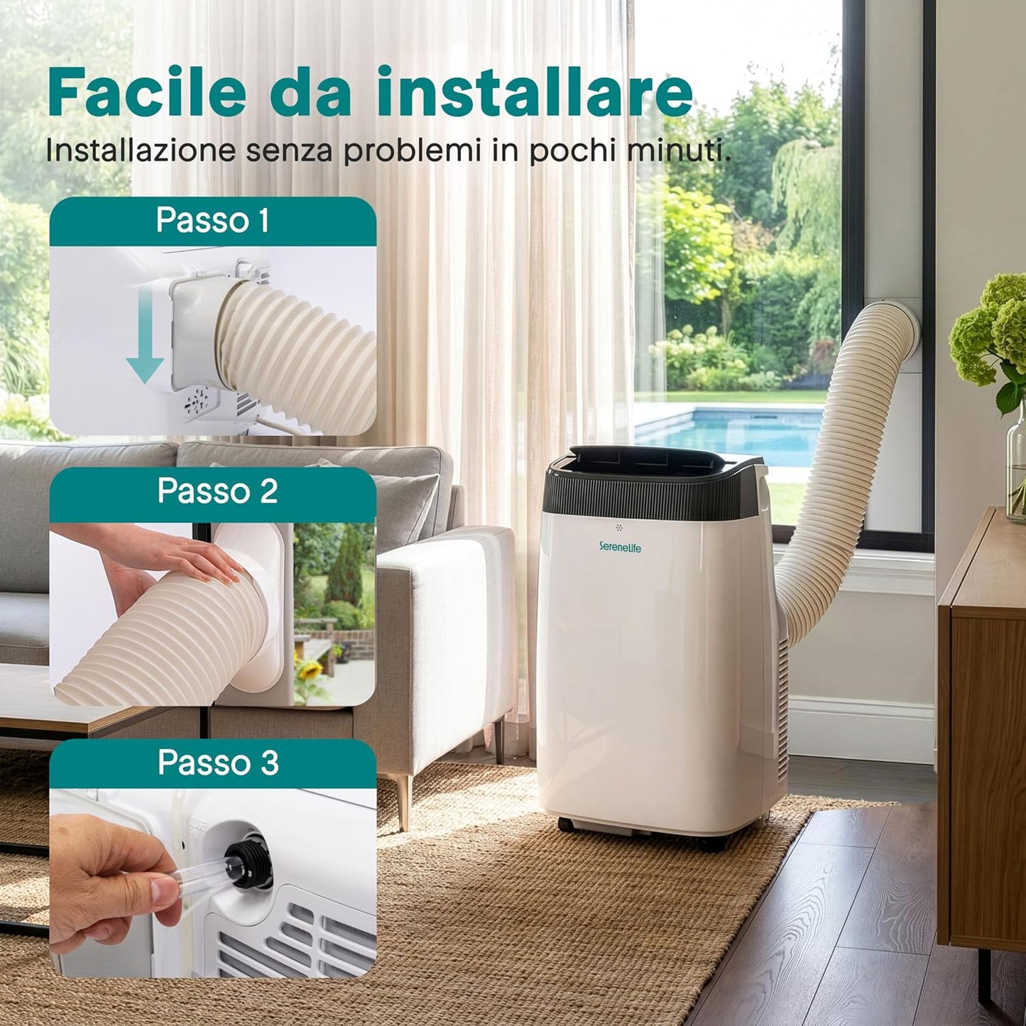 SereneLife Aire acondicionado portátil 3 en 1, deshumidificador integrado, ventilador, mando a distancia, kit de salida de ventana, 9,000 BTU, clase A