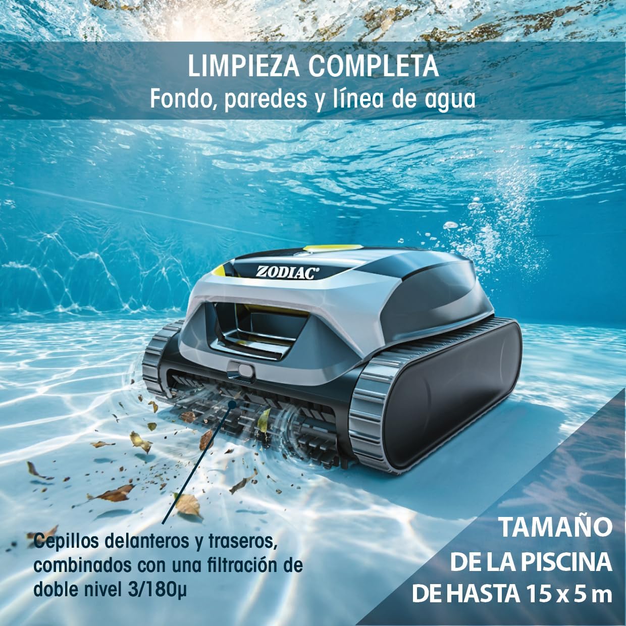 Zodiac Freedom Lite-Robot Limpiafondos de Piscina Inalámbrico con Batería de Litio. Limpieza de Suelo, Paredes y línea de Agua. Doble Filtración. Ciclos de hasta 3 Horas por Carga.