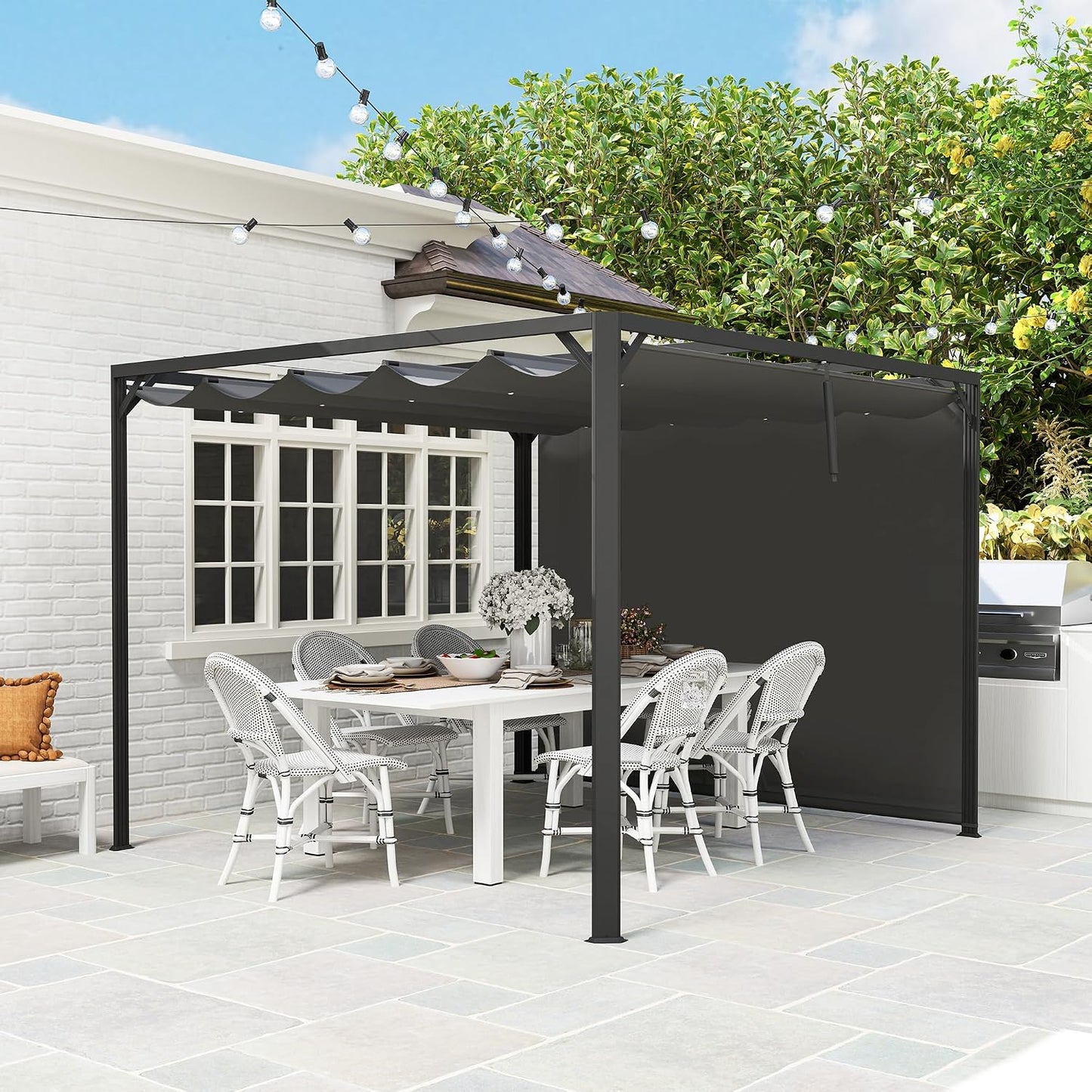 Outsunny Pérgola de Jardín 3x3 m con Techo Retráctil, Pared Lateral Enrollable y Estructura de Aluminio, Cenador de Jardín con UPF30+, Pabellón para Exterior, Patio, Terraza, Gris Oscuro