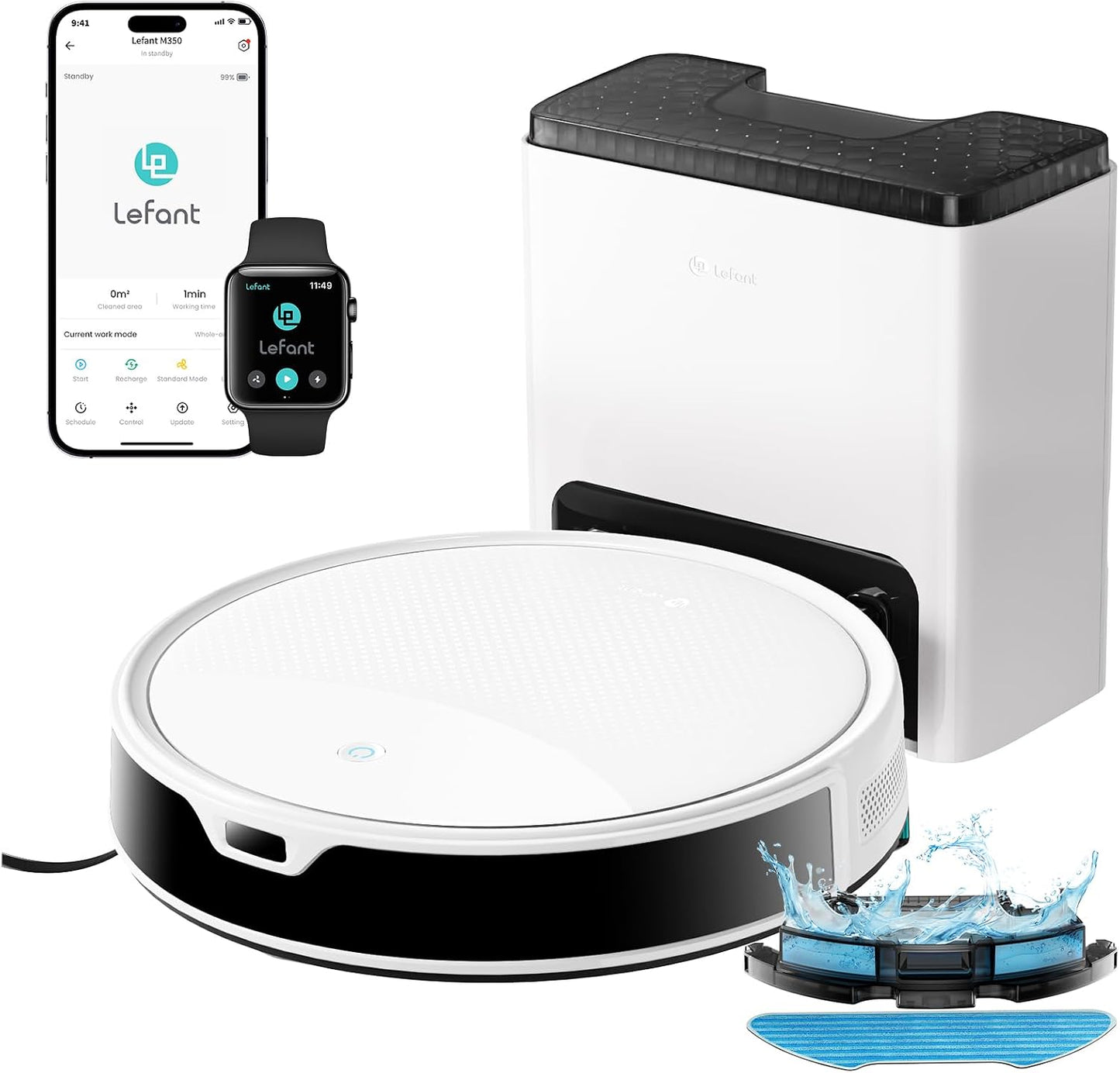 Lefant M350 Robot Aspirador y Fregasuelos con Mapeo Láser ToF, Cuerpo Ultra Delgado 7.9 cm, Succión 6000 Pa, Autovaciado 75 Días, Ideal para Apartamentos, WiFi/Alexa/App,Blanco