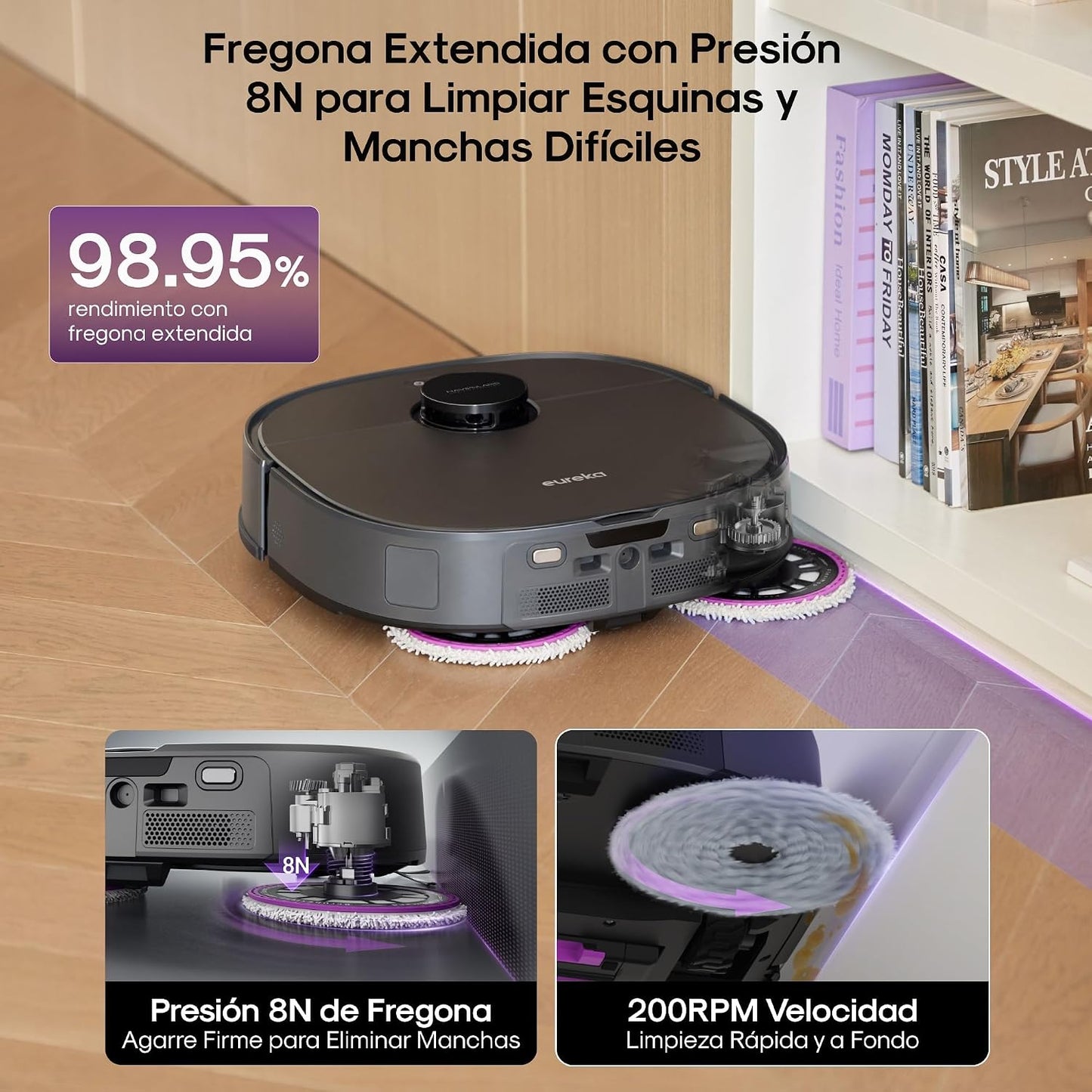 Eureka J15 EVO Ultra Robot Aspirador y Fregasuelos 22KPa con Base Multifuncional, Autovaciado, Autolimpieza, Cepillo Antienredo, Secado Aire Caliente, Limpieza de Alfombras Versátil