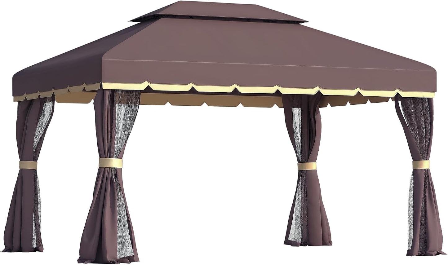 Outsunny Cenador de Jardín 4x3 m Gazebo de Aluminio con Techo de Ventilación 4 Cortinas Laterales 4 Mosquiteras y 8 Orificios de Drenaje para Fiestas Eventos Exterior Café