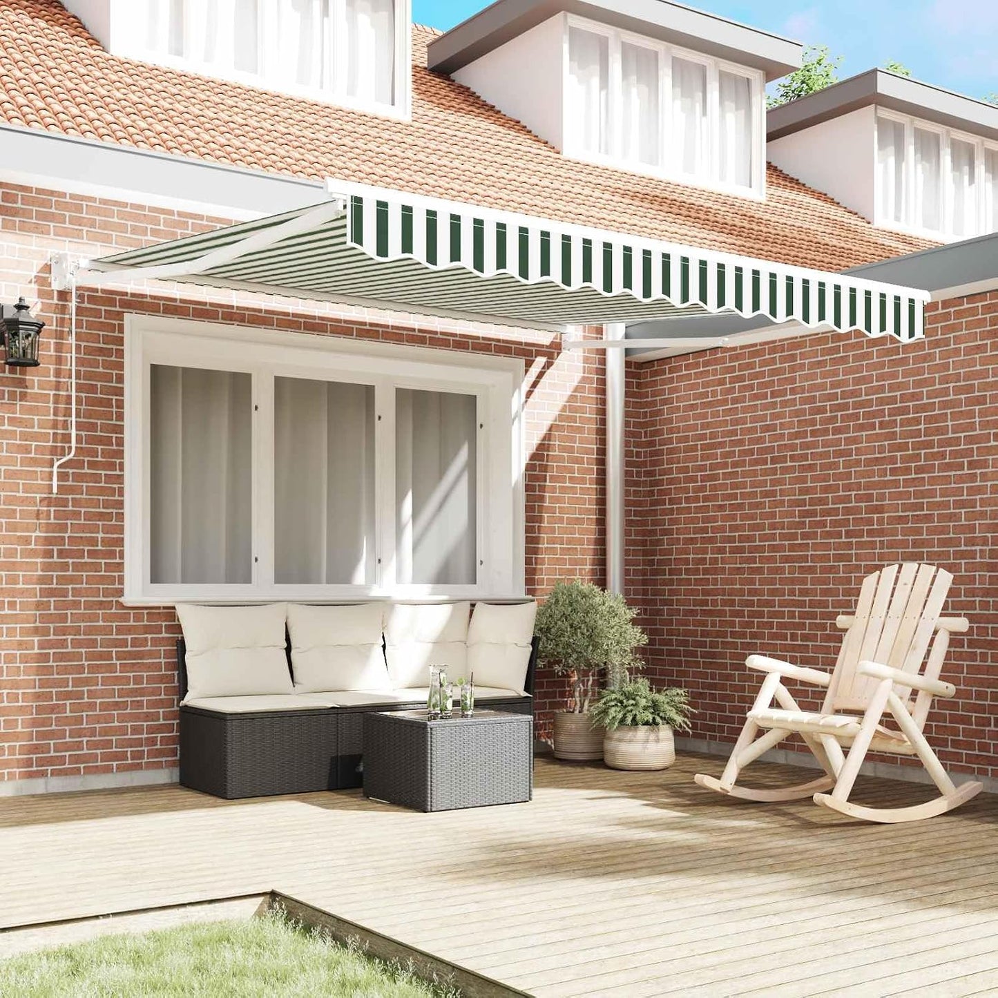 Toldo Motorizado 3x2,5 Toldo electrico Toldos Exterior terraza con Manivela y Marco de Aluminio para Jardín Puerta Ventana-Verde y Blanco-3 x 2,5 m-Marco Blanca