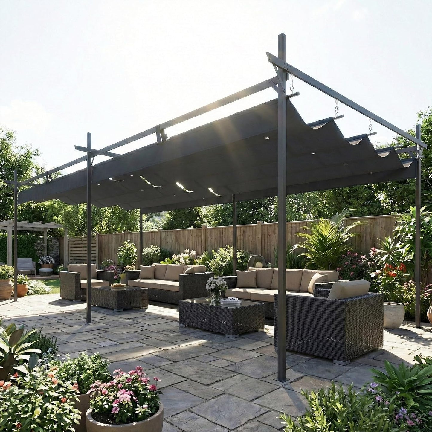 Outsunny Pérgola de Jardín 6x3 m con Techo Retráctil, Cenador de Jardín con UPF30+, Estructura Metálica, Tela de Poliéster, Pabellón para Exterior, Terraza, Gris Oscuro