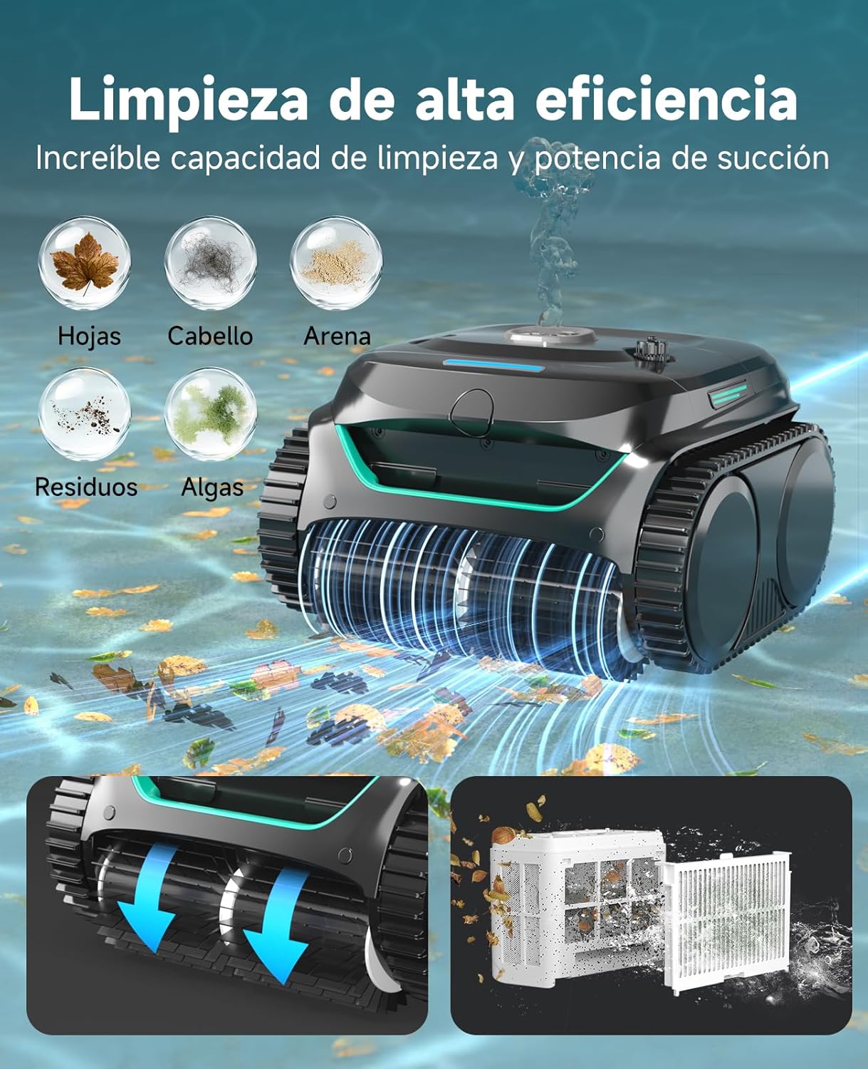 WYBOT C2 – Robot Limpiafondos Inalámbrico, 3 Motores, Doble Filtración, Limpieza De Fondo, Paredes Y Línea De Agua, Autonomía 180 Min, para Piscinas Enterradas hasta 150㎡, con App(Verde carbón-Gris)