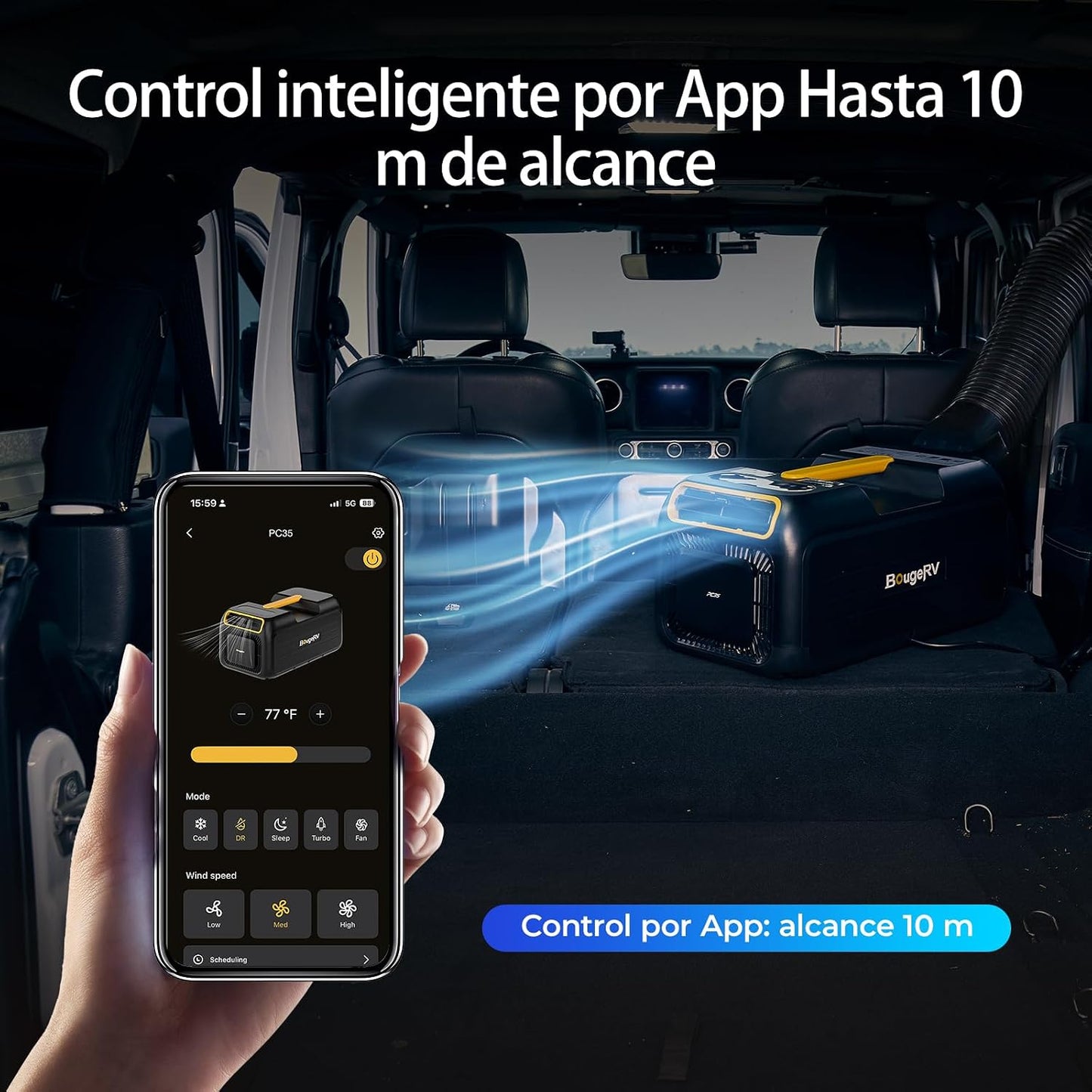 BougeRV PC35 Aire Acondicionado Portátil, 3500 BTU Climatizador, 5 en 1 con App, Compacto, AC 100V-240V, Aire Acondicionado para Camping, Caravana, Tienda, Camión, Furgoneta