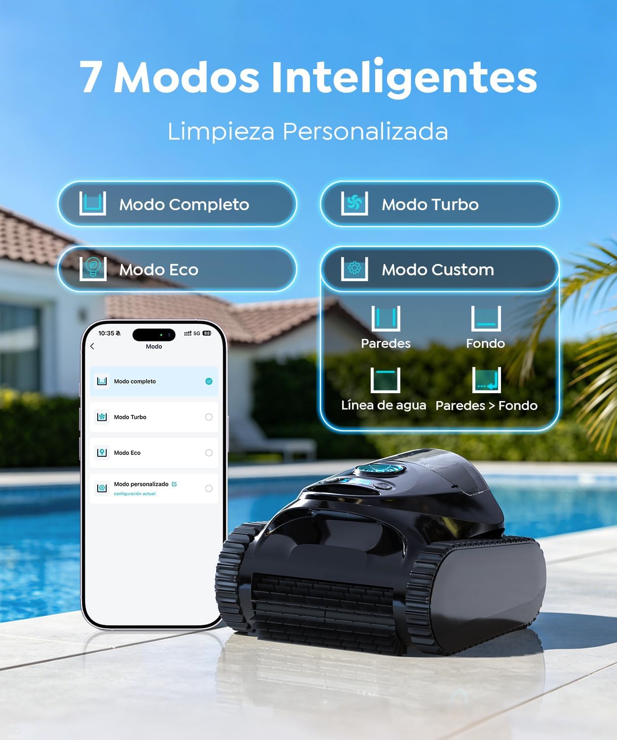 C1 Robot Piscina Limpiafondos y Paredes, Autonomía 180 min, Doble Filtración, 3 Motores, Control por App, Robot Limpiafondos Piscina Inalámbrico 150㎡, Azul Oscuro